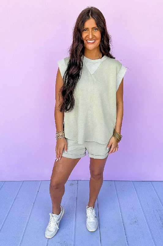 Romantic Chic Deals Olive Contrast Oversized Top & Elastic Shorts Set
