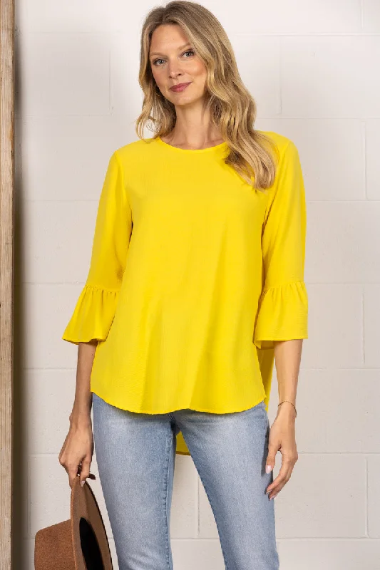 Exclusive Styles, Exclusive Discounts YELLOW ROUND NECK RUFFLED BELL 3/4 SLEEVES TOP TY2305A Exclusive Styles, Exclusive Discounts YELLOW ROUND NECK RUFFLED BELL 3/4 SLEEVES TOP TY2305A