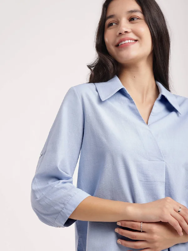 Hot Picks Cotton Linen Pleated Top - Light Blue