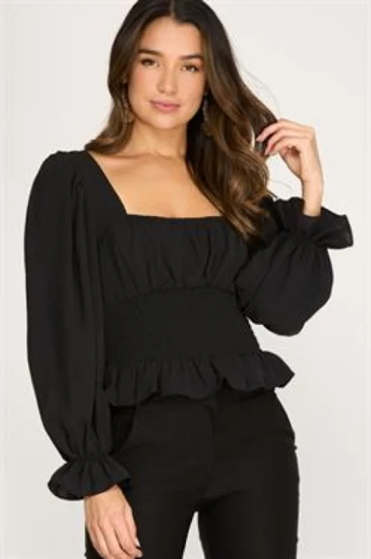 Exclusive Styles, Exclusive Discounts BLACK PUFF SLEEVES SMOCKED WAIST BACK DETAILED WOVEN TOP S8SS8588 Exclusive Styles, Exclusive Discounts BLACK PUFF SLEEVES SMOCKED WAIST BACK DETAILED WOVEN TOP S8SS8588