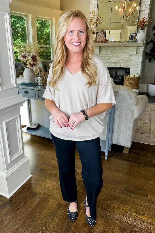 Flash Sale Soft Textured V Neck Short Sleeve Top in Taupe