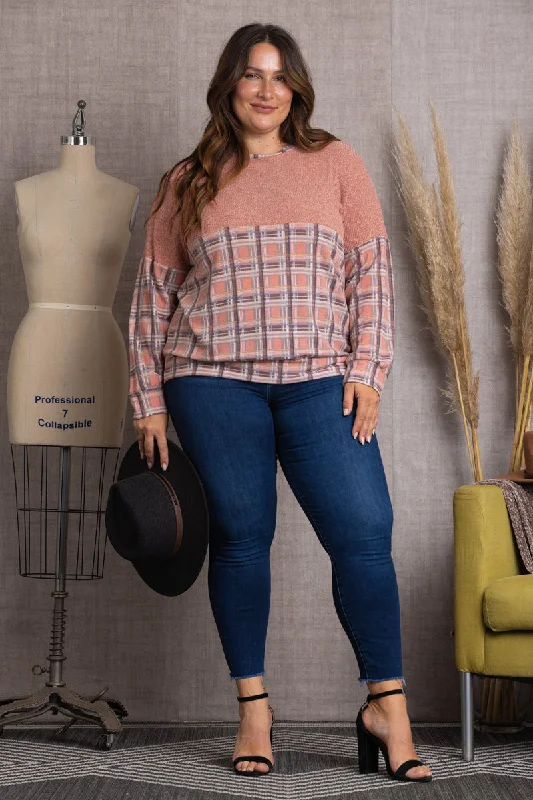 Stock Up On Your Favorites While It Lasts CORAL MADRAS PRINT W/SELF RIB CONTRAST PLUS SIZE TOP TP1943 Stock Up On Your Favorites While It Lasts CORAL MADRAS PRINT W/SELF RIB CONTRAST PLUS SIZE TOP TP1943