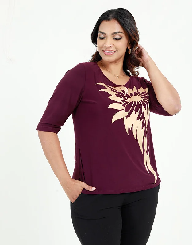 Sophisticated Style Offers ¾ Sleeves Top with Bonded Placement Design