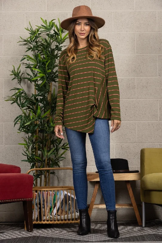 Classic Chic Deals OLIVE STRIPE RELAXED FIT KNOT SEAM TOP TT3047A