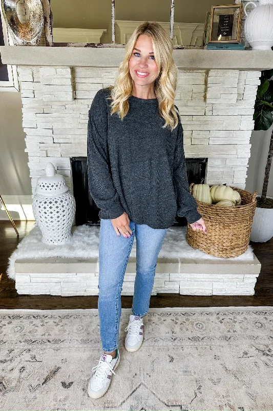 Fashion Sale The Saige Asymmetrical Exposed Seam Ribbed Top in Charcoal