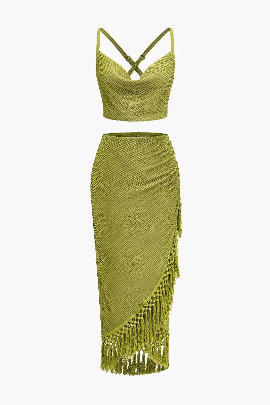 Popular Collection Solid Cowl Neck Top And Fringe Ruched Skirt Set
