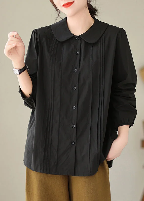 Special Offer Black Loose Cotton Shirts Tops Peter Pan Collar Wrinkled Spring