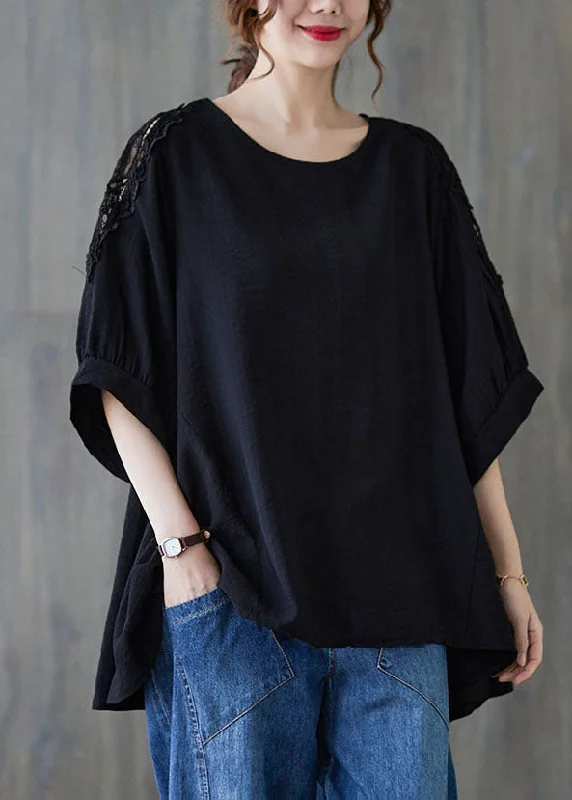Edgy Fashion Deals Black Lace Patchwork Cotton T Shirt Top Asymmetrical Summer