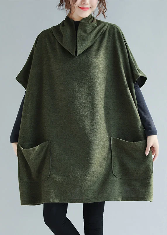 Weekend Exclusive Army Green Pockets Patchwork Knit Sweaters Tops Hign Neck Fall
