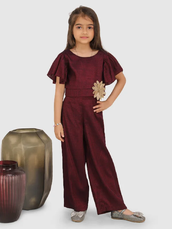 Fashion Forward Femininity Embellished with neck flower gather top & culote -Wine