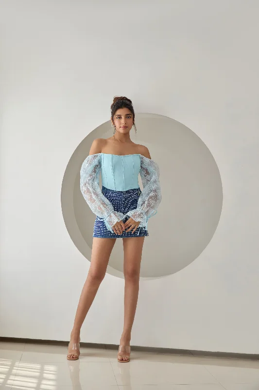 Shop Sales Sasha Baby Blue Embroidered Organza Sleeve Corset Top