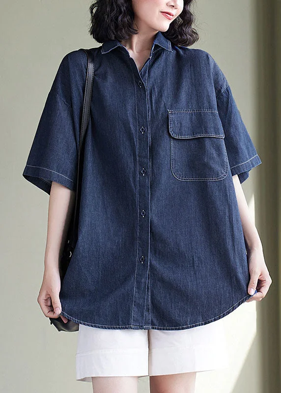 Winter Warehouse Sale Women Navy Peter Pan Collar Patchwork Denim Shirt Top Summer