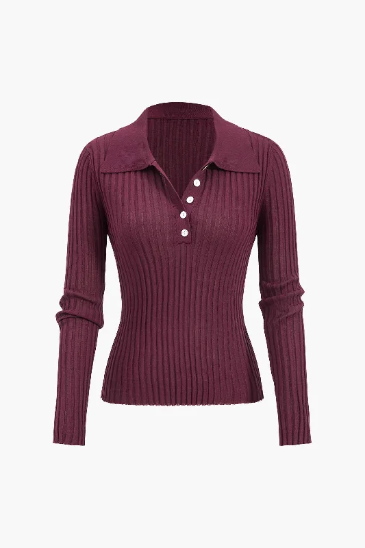 Casual Chic Deals Ribbed Button Long-Sleeve Top