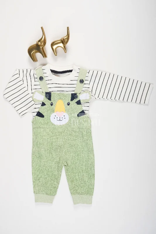 Your Favorite Items Now At Unbeatable Prices Green Cotton Baby Dungarees with Adorable Animal Face and Striped Top for Baby