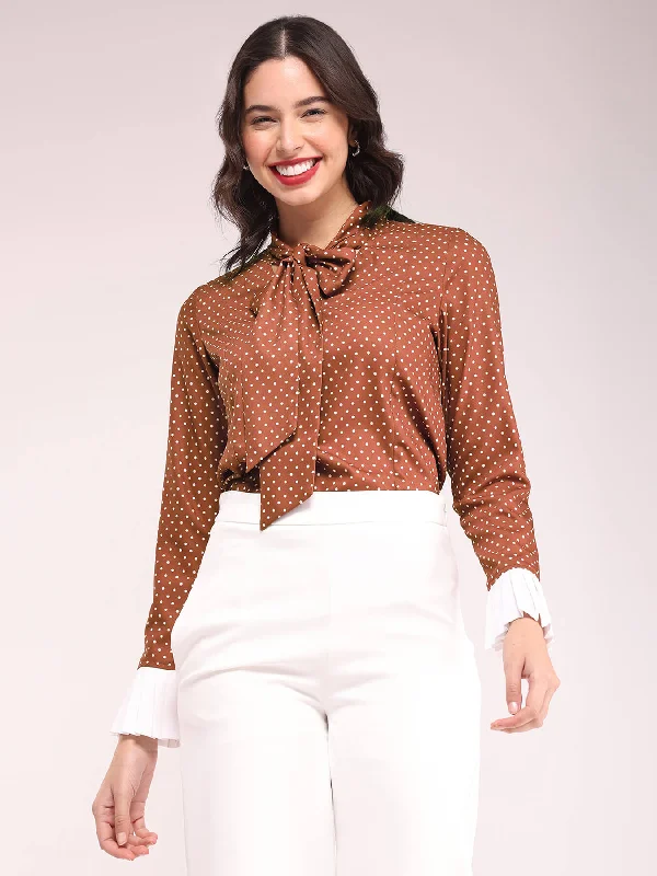 Daily Deals Polka Print Tie-up Top - Brown