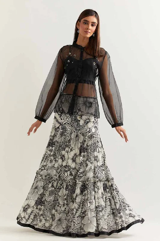 Shop Sale Items Black Embellished Organza Top With Printed Skirt