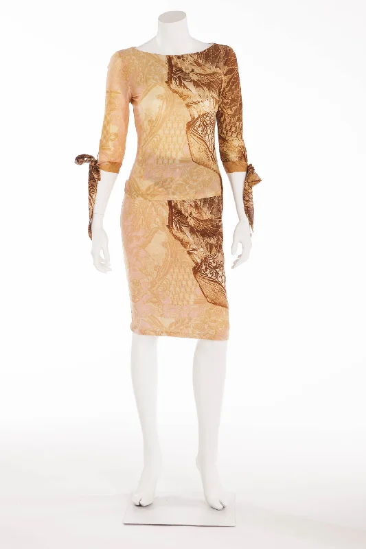 Shop Now For Exclusive Discounts Roberto Cavalli - 2PC 3/4 Sleeve Cream and Brown Print Top & Skirt - S