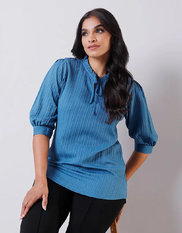 Hot Items Ruffle Collar ¾ Sleeves Tie Neck Top