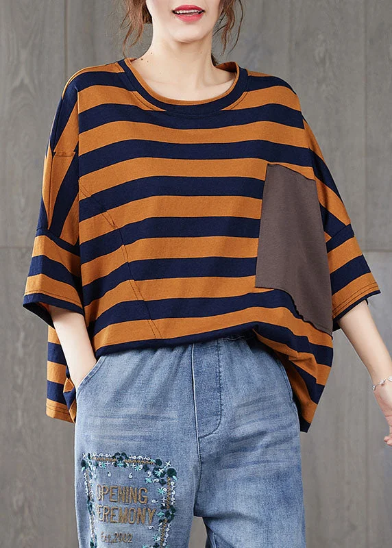 Daily Deals French Orange Striped O Neck Patchwork Cotton T Shirt Top Summer