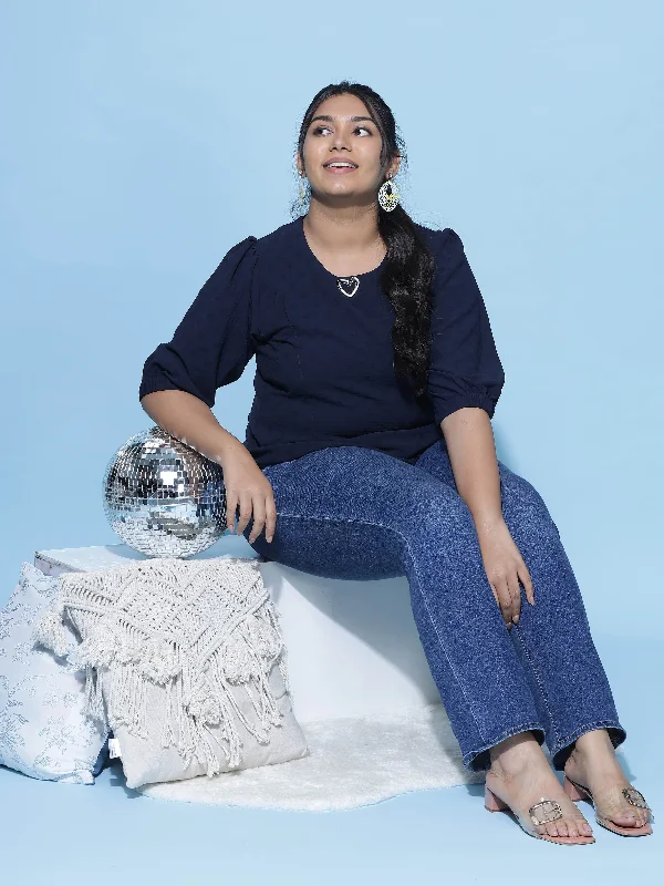 The Perfect Time To Shop And Save Polyester Blend Top Round Neck Navy Blue