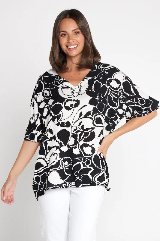 Chic Style, Always In Vogue Farren Top - Black/Ivory Botanical