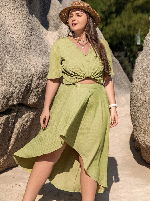 Weekend-Only Price Drops Plus Size V-Neck Half Sleeve Top and High-Low Skirt Set