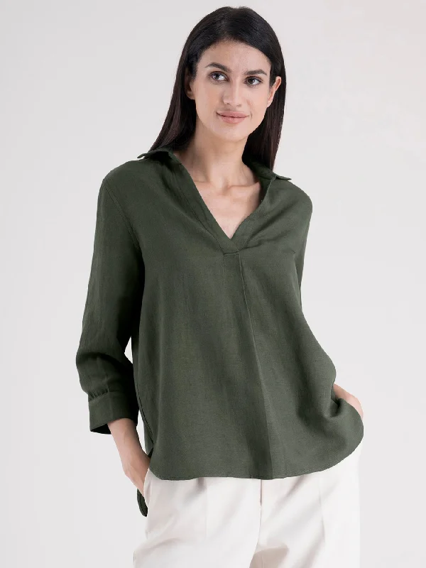 Break Fashion Norms Cotton Front Pleat Detail Top - Olive