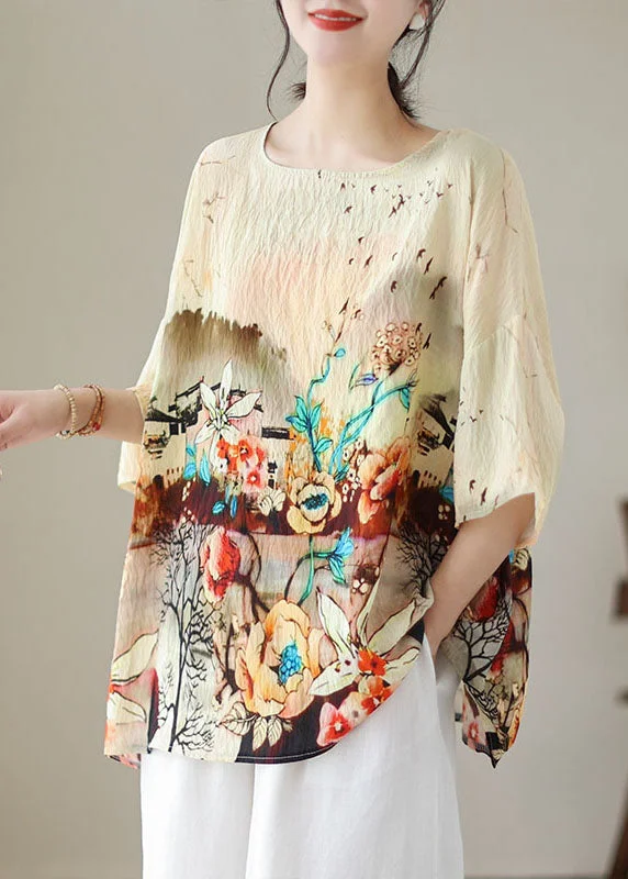 Flash Sale Starts Boho Apricot O Neck Print Patchwork Linen T Shirt Tops Summer