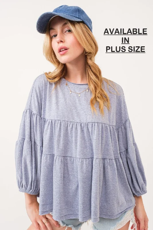 Bold Fashion Sales DENIM TIERED BALLOON SLEEVES RAW EDGE PLUS SIZE TOP PTU13571SA