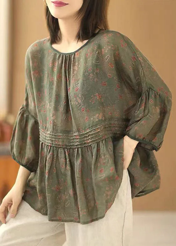 Hurry Before It's Gone Handmade Green O Neck Print Wrinkled Patchwork Cotton Top Summer