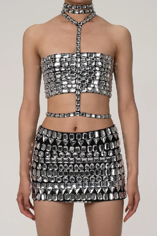 Budget Saver Sparkly Rhinestone Wraparound Halter Belly Chain Cropped Party Top