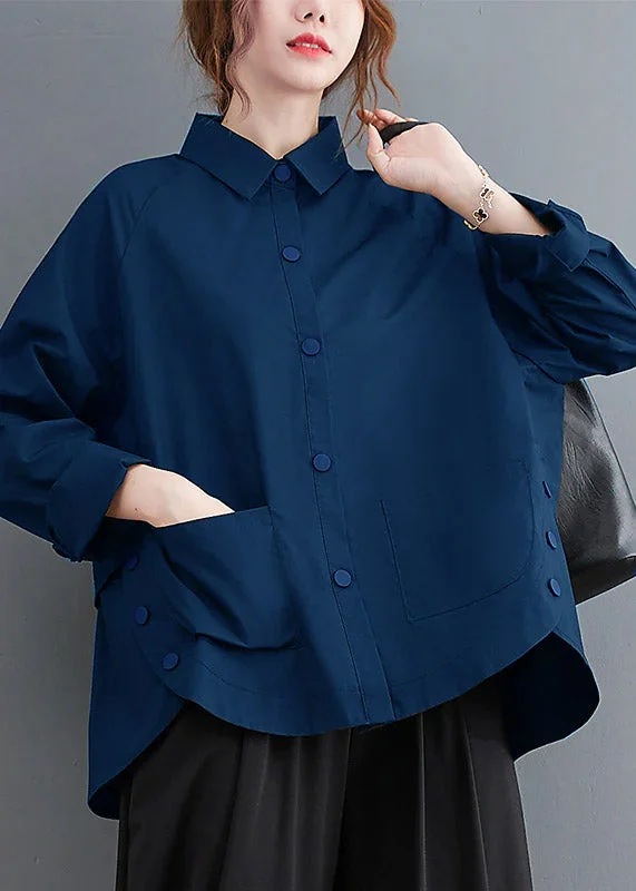 Romantic Fashion Discounts Blue Patchwork Cotton Shirt Top Oversized Pockets Fall
