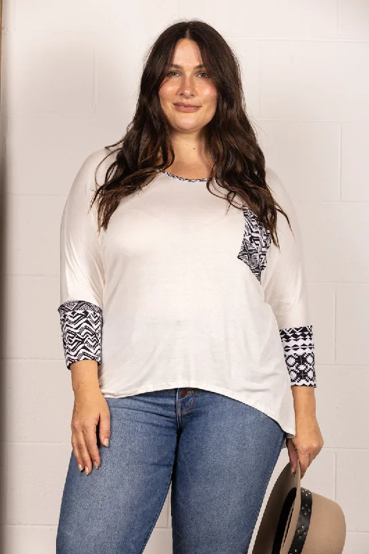 High-End Style Discounts WHITE AZTEC PRINT 3/4 SLEEVES PLUS SIZE TOP CT43041