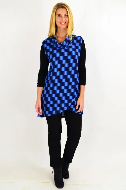 Special Offers You Can't Miss Blue Check Fold Over Front Tunic Top