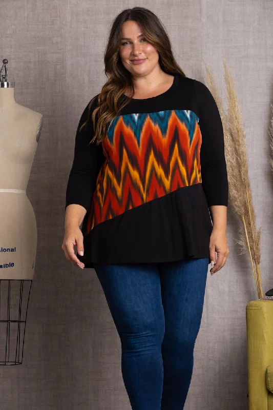 Embrace New Fashion BLACK MULTI COLOR 3/4 SLEEVE PLUS SIZE TOP-4T2261-1