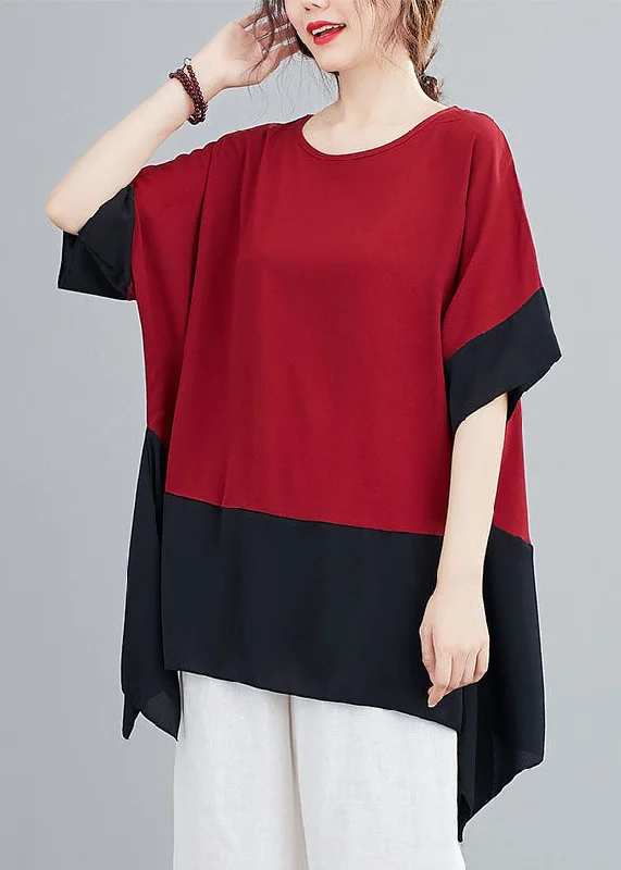 Snag Fabulous Fashion Bargains Red Patchwork Chiffon T Shirts Top Asymmetrical Summer