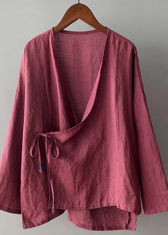 Unleash Your Fashion Vintage Rose V Neck Lace Up Cotton Top Spring