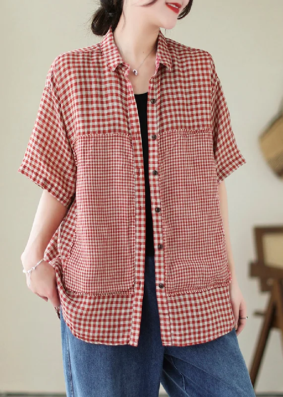 Stylish Looks Art Red Peter Pan Collar Plaid Linen Shirt Top Summer