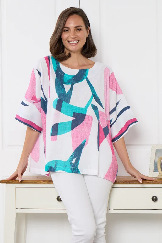 Minimalist Fashion Sale Kiara Linen Top - Teal/Flamingo Pink Swirl