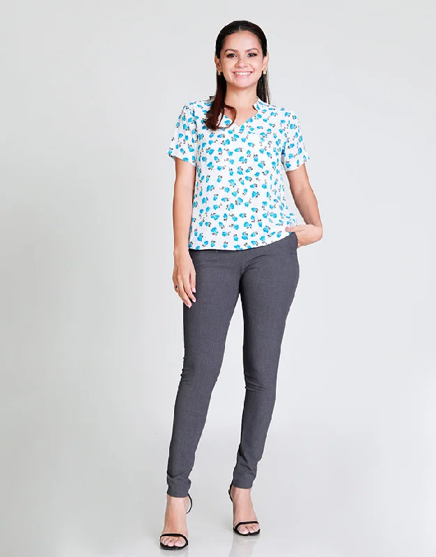 Chic Styles, Sharp Prices Printed V-Neck Top with Short Sleeves