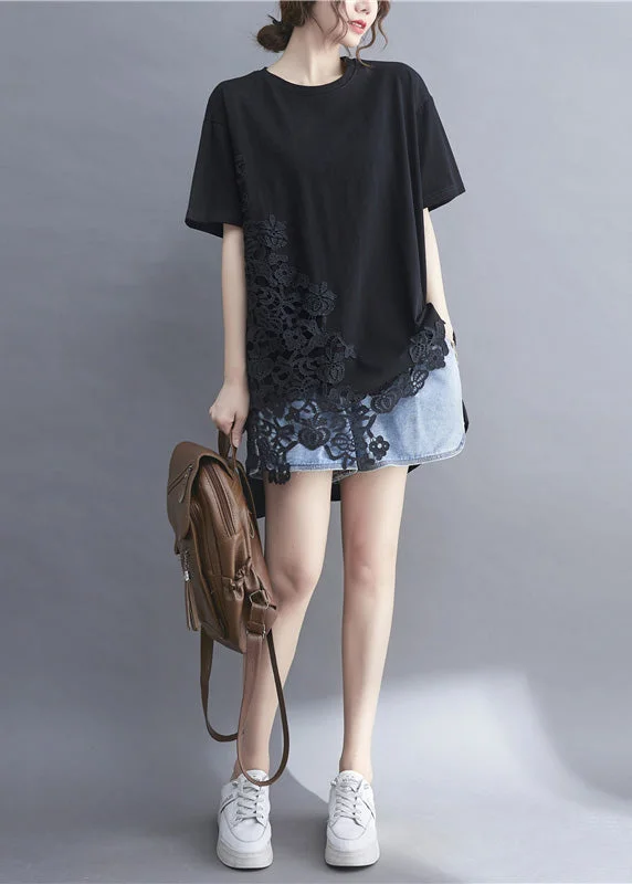 Trendy Fashion Sale Black Lace Patchwork Cozy Top Short Sleeve