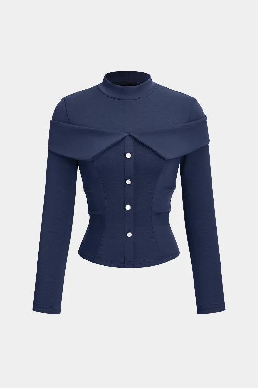 Vintage-Modern Style Offers Ruched Button Mock Neck Long-Sleeve Top