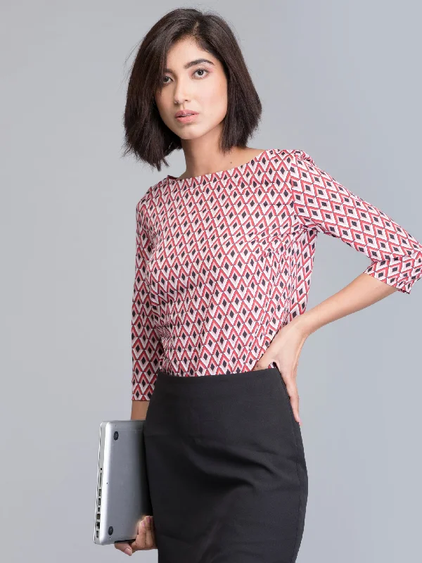Huge Price Cut Boat Neck Geometric Print Top - Red