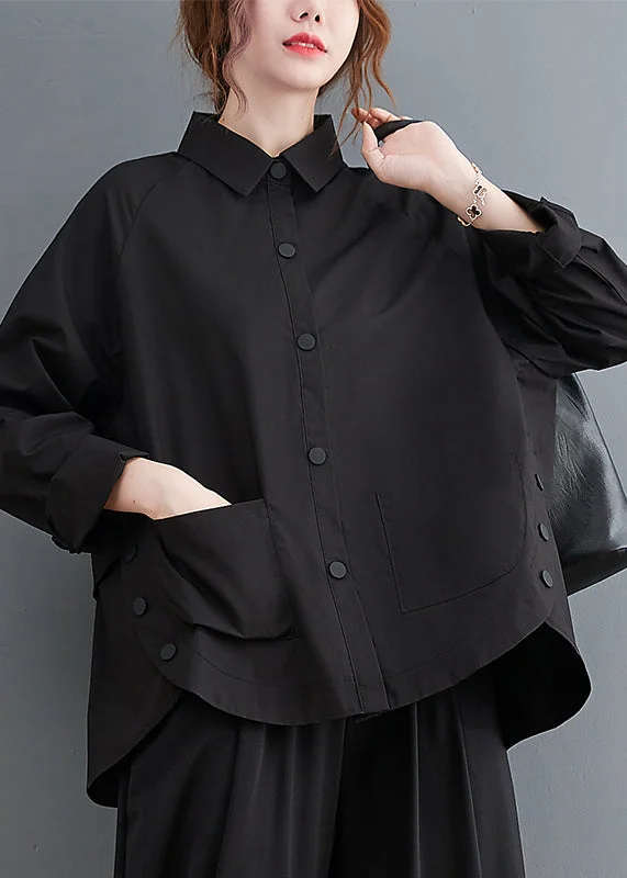 Budget Friendly Black Patchwork Cotton Shirt Top Oversized Pockets Fall