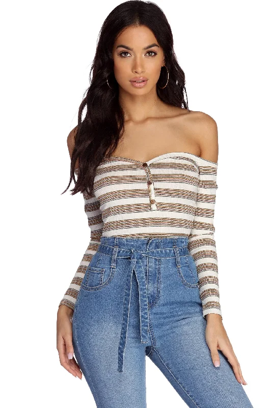 Insane Discount Onslaught Buttons Up Striped Henley Top