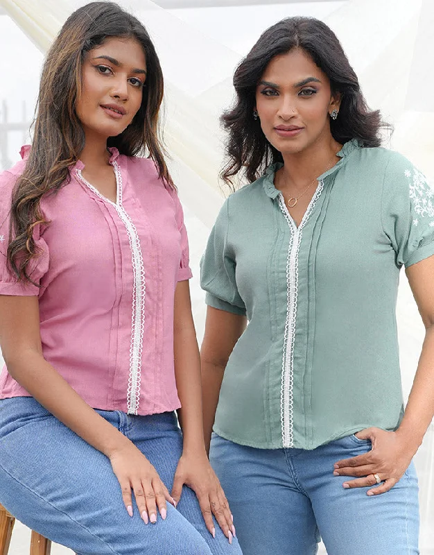 Chic & Cozy Collection Embroidered Frill Neck Top with Pintuck