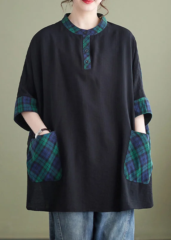 Style Breakthroughs Handmade Black Stand Collar Plaid Button Top Half Sleeve