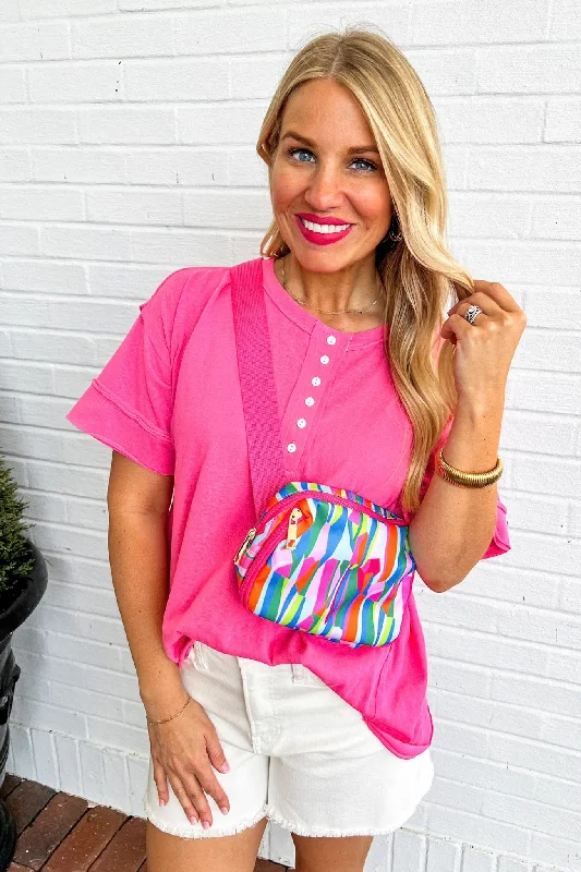 Sunday Shopping Spree – Grab The Best Deals Exposed Seam Half Button Lightweight Top in Pink