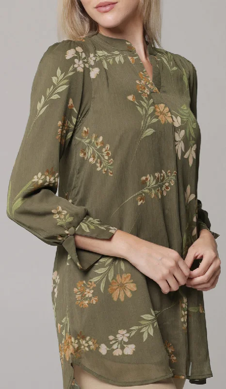 Mega Sales Shaina Long Chiffon Print Modest Top - Olive