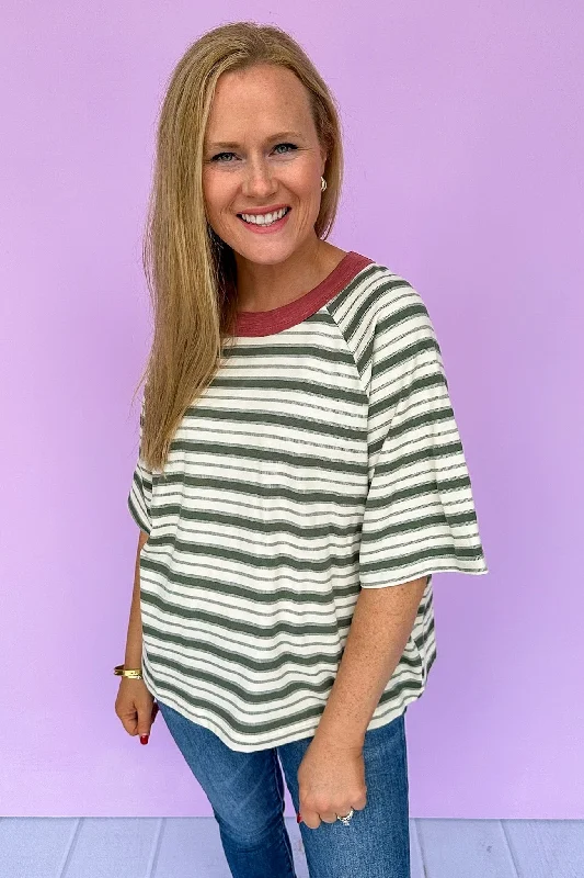 Bold Fashion Sales Boxy Rose Pink Trim Olive & Cream Striped Top